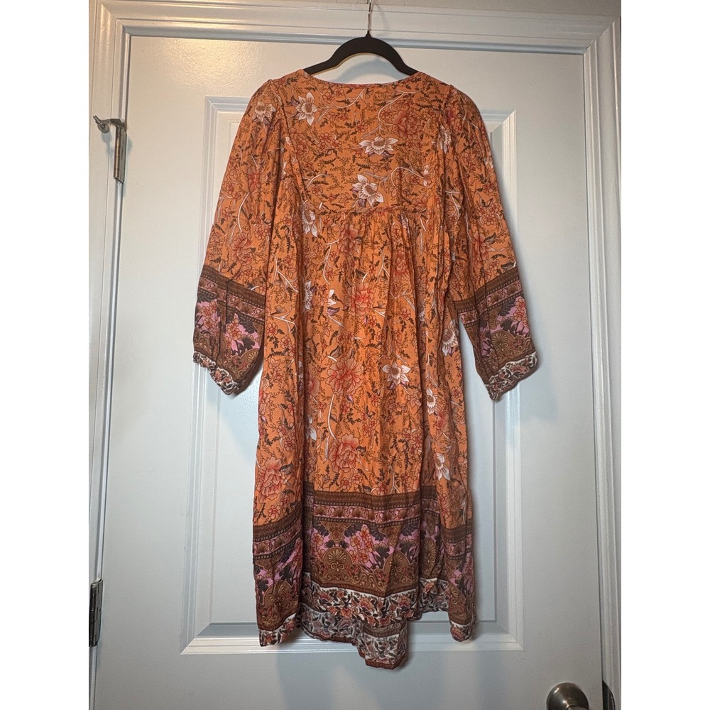 Bluetime Womens Boho Orange Floral Paisley Viscose Long Sleeve Midi Dress Medium - Picture 3 of 8